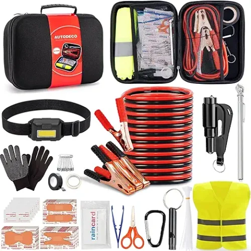 Car Emergency Roadside Kit with Jumper Cables & Safety Tools, Black